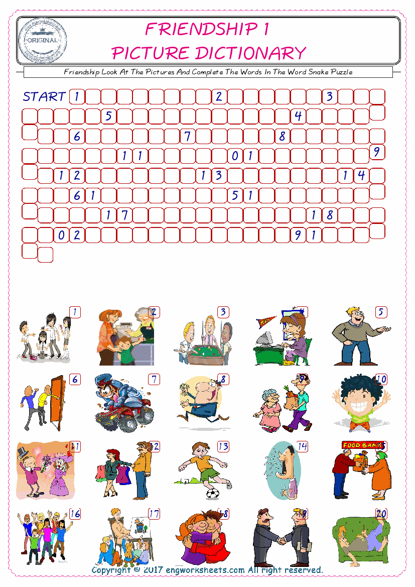  Check the Illustrations of Friendship english worksheets for kids, and Supply the Missing Words in the Word Snake Puzzle ESL play. 